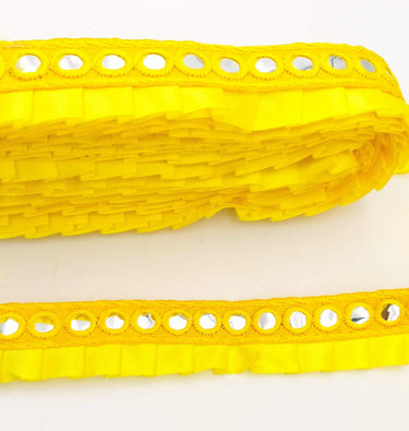 Yellow Satin Pleated Lace Trim, Mirrored Fringe Trimming, Approx. 30mm wide